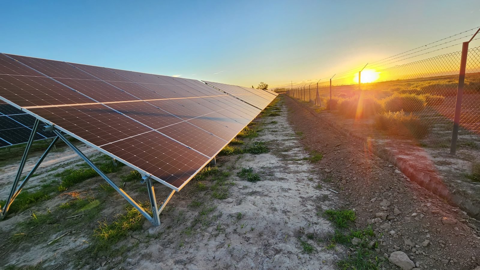 Paneles solares en parque solar al atardecer